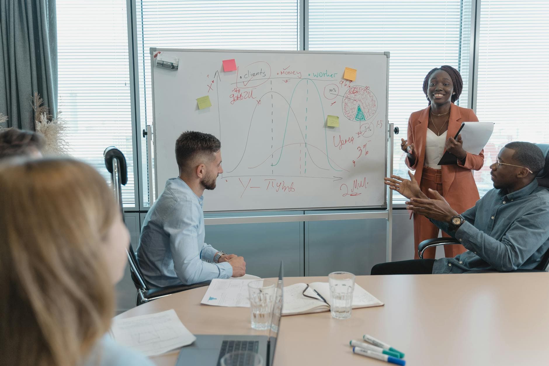 Real estate coach reviewing a strategy whiteboard with new agents — Nashville training room